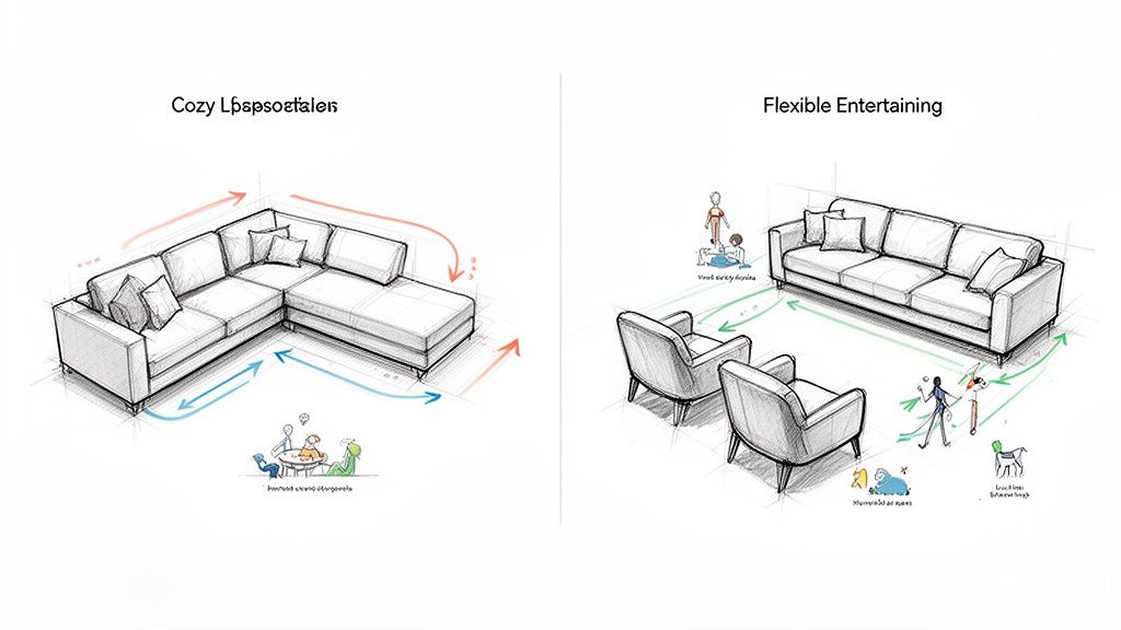 Two living room layouts demonstrating furniture arrangements for cozy lounging and flexible entertaining.