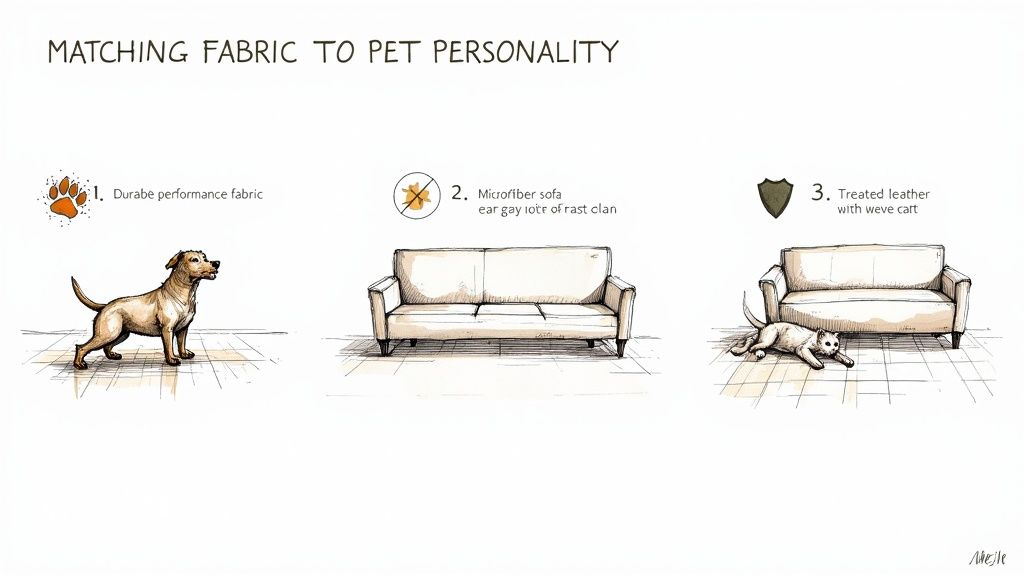 Illustration detailing three types of sofa fabrics for pets, with accompanying dog and cat illustrations.
