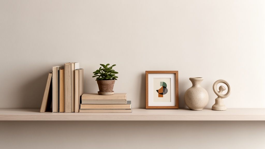 A minimalist wooden shelf styled with books, a small plant, framed art, a vase, and a sculpture.