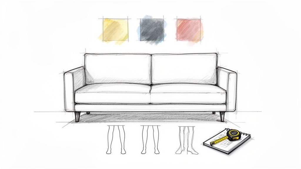 A detailed design sketch of a sofa, showing color swatches, various leg options, and a notepad with measuring tape.