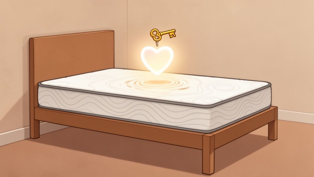 A wooden bed frame with a white mattress shows a glowing heart and golden key floating above it.