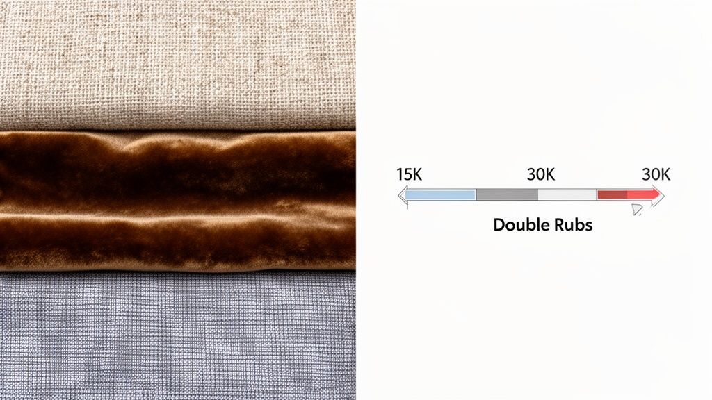 Three textured upholstery fabric swatches in beige, brown, and blue, next to a double rubs durability scale.