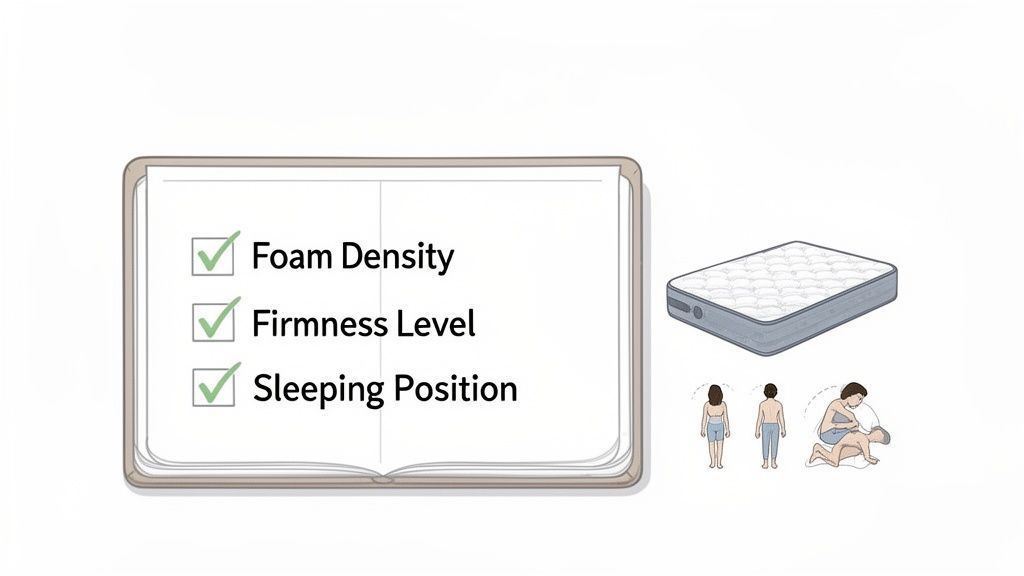 An illustration showing a guide to choosing a mattress based on foam density, firmness, and sleeping position.