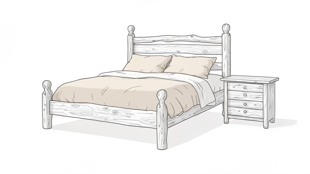 A line drawing of a rustic wooden bed with beige bedding and a matching nightstand with drawers.