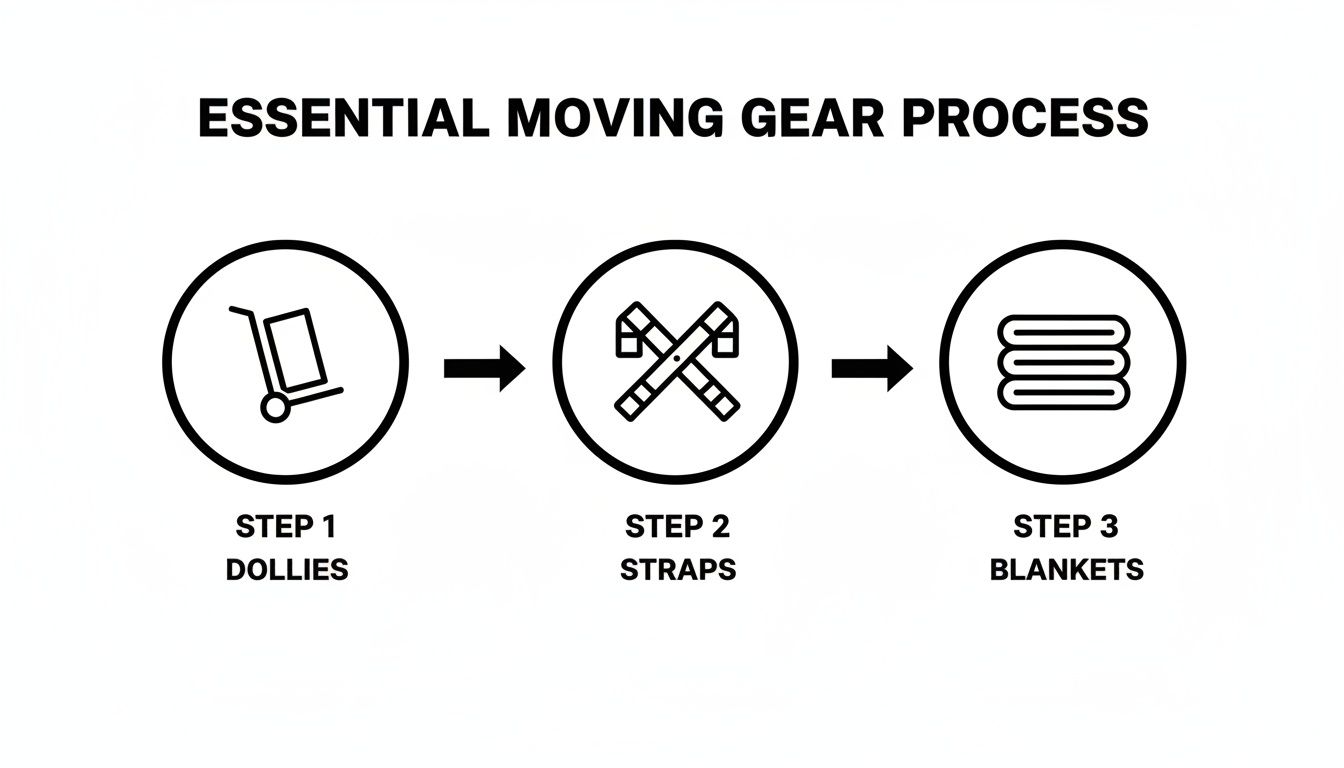 A diagram illustrating the 3-step essential moving gear process using dollies, straps, and blankets.