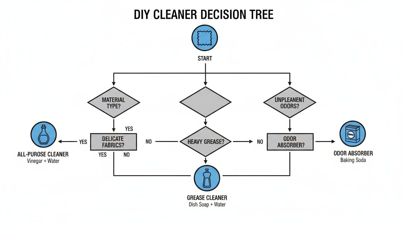 Decision tree flowchart for DIY cleaners, guiding choices based on material type, grease, and odors.
