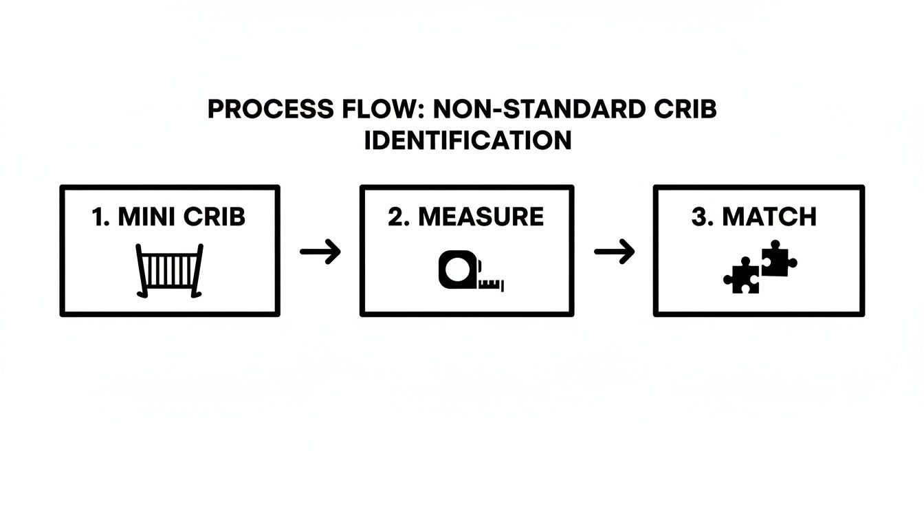 A process flow for identifying non-standard cribs, showing steps to identify mini cribs, measure, and match.