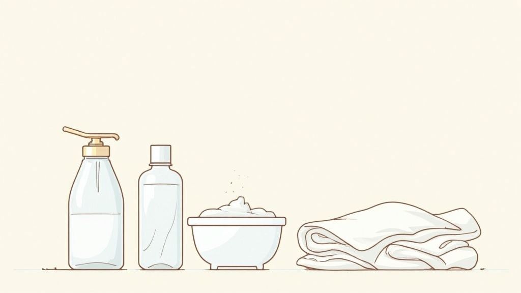 A collection of gentle cleaning supplies, including microfiber cloths and a spray bottle, arranged on a wood surface.