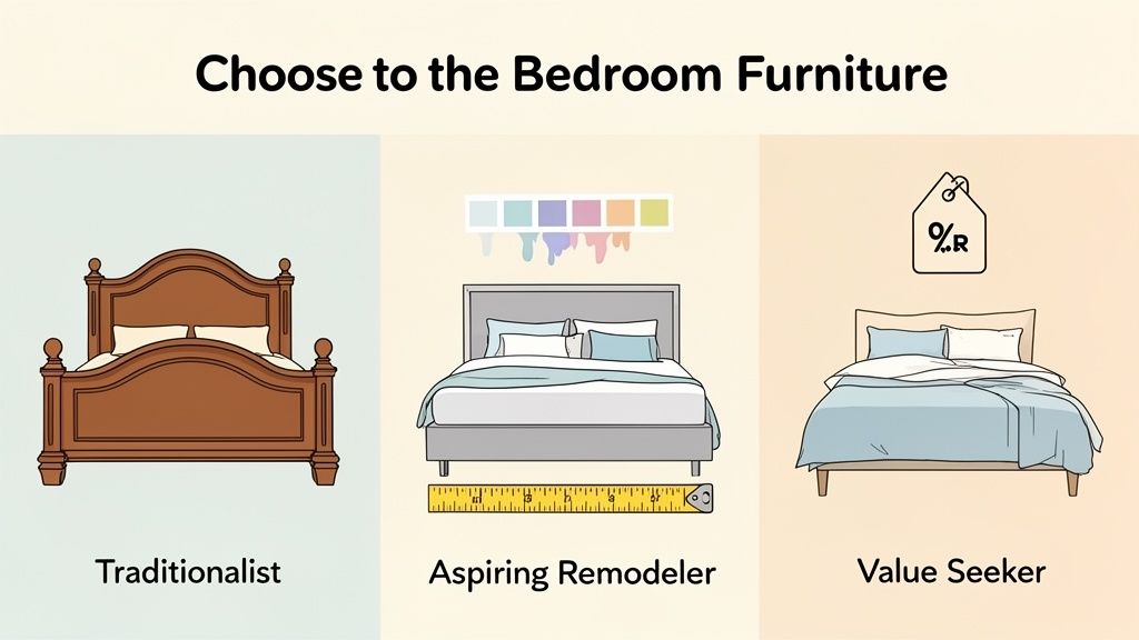 An illustration showcasing three distinct bedroom furniture styles: Traditionalist, Aspiring Remodeler, and Value Seeker.