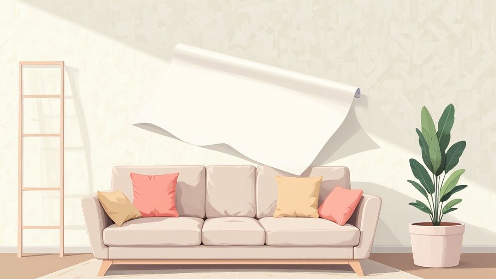 A minimalist living room with a beige sofa, colorful pillows, a plant, and a peeling blank paper on the wall.