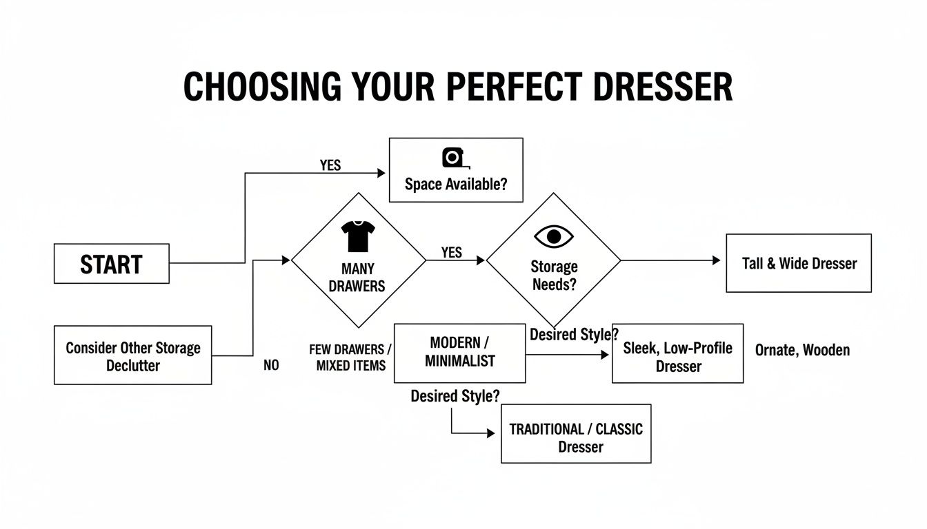 Flowchart guiding the user through steps to choose the perfect dresser based on space, storage needs, and desired style.