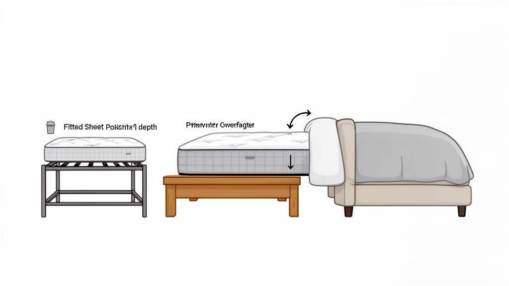 Three cartoon diagrams show different mattress and bed base types, including fitted sheet depth.