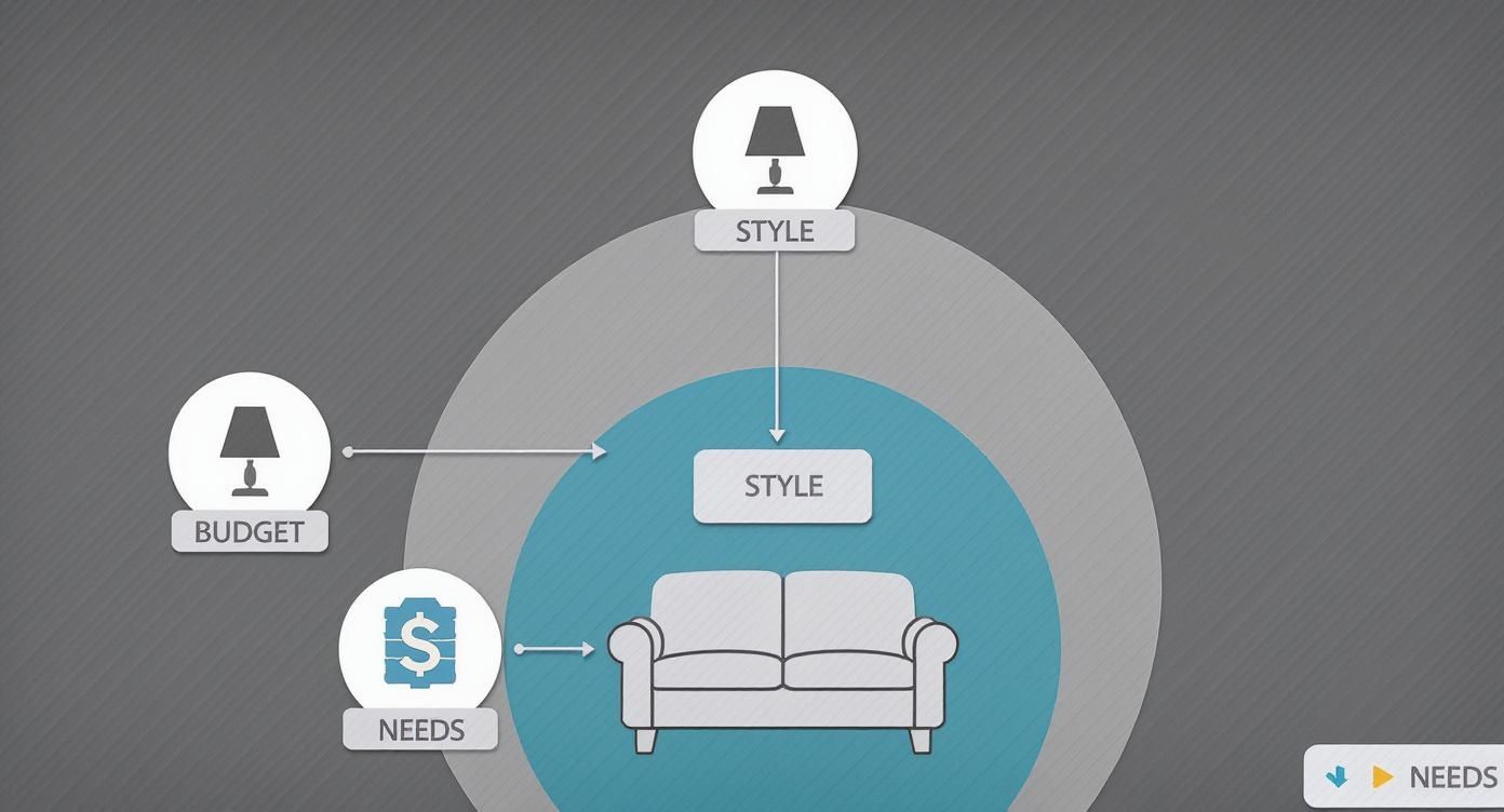 Infographic showing budget, needs, and style influencing the choice of a sofa.