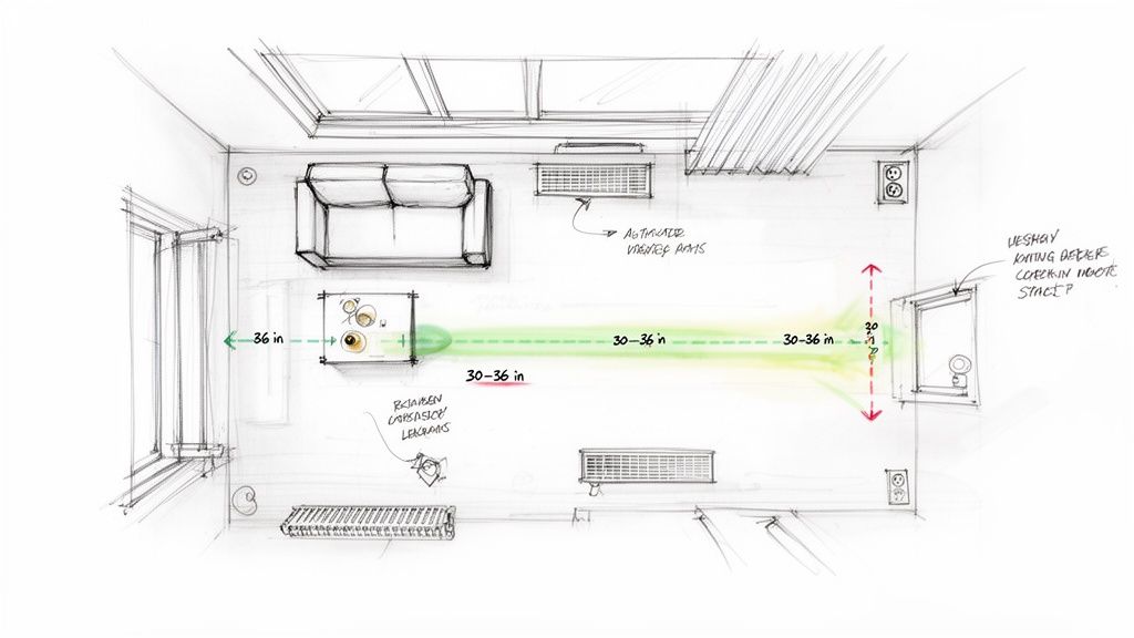 A top-down sketch of a room layout with a sofa, table, windows, and various measurements for furniture placement.