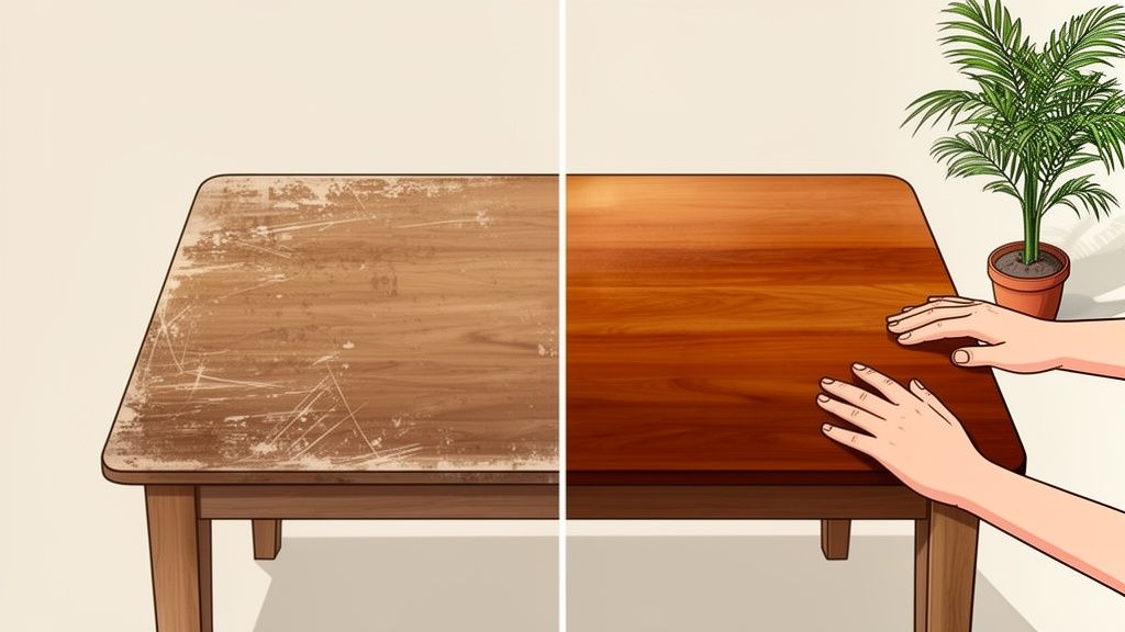 Before and after image of a wooden table, showing a scratched surface next to a beautifully refinished one.