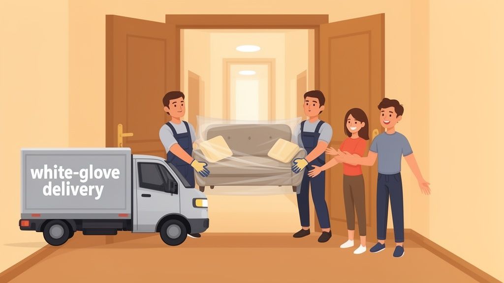 Two movers in overalls delivering a sofa wrapped in plastic to a young couple in their new apartment from a white-glove delivery truck.