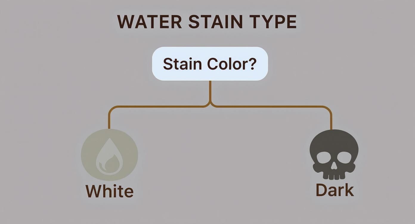 Flowchart determining water stain type based on color, distinguishing between white and dark stains.