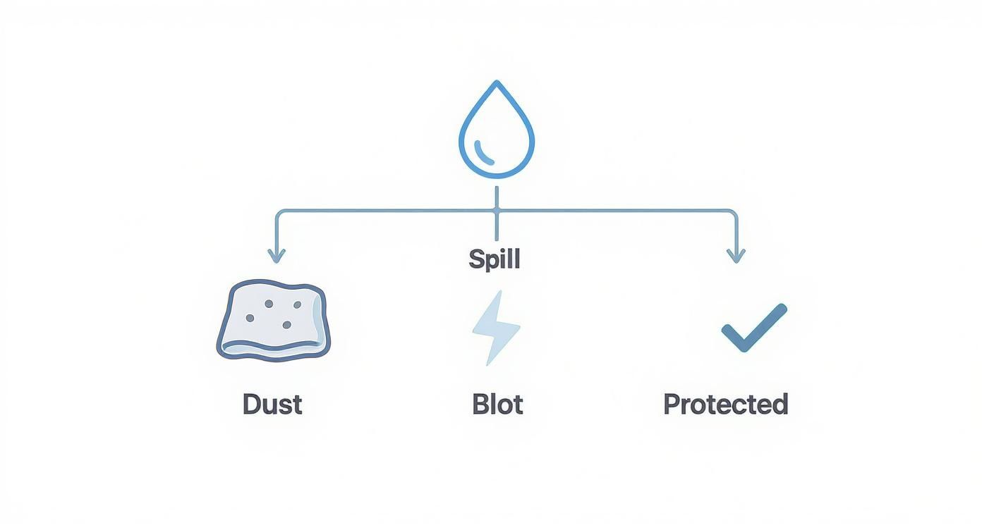 A diagram illustrating 'Spill' leading to potential issues like 'Dust' and 'Blot', or a 'Protected' state.