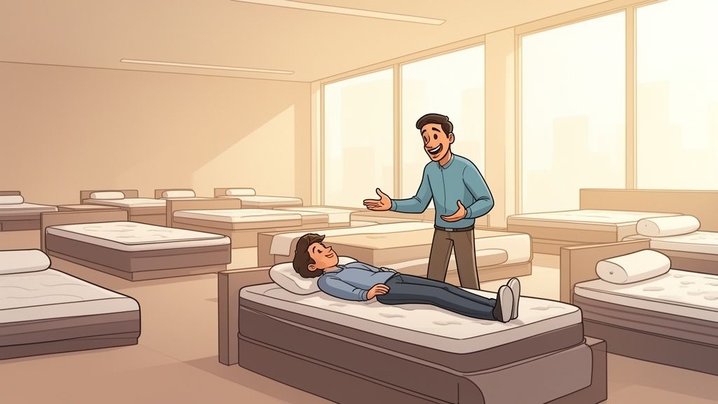 A customer lies on a mattress, while a salesperson gestures in a bright mattress showroom.