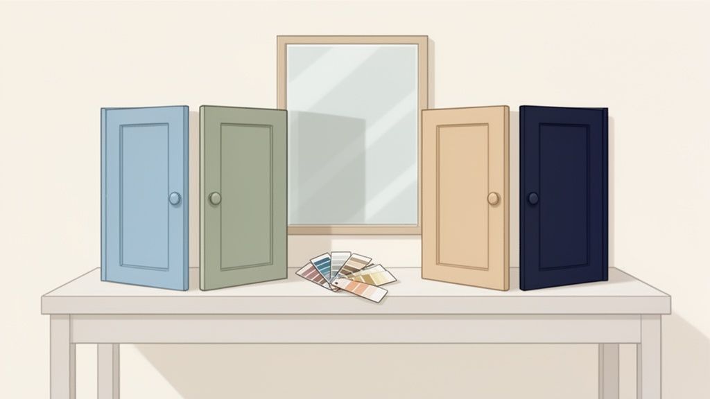 Four miniature doors in various paint colors and a fan of color swatches on a table with a mirror.