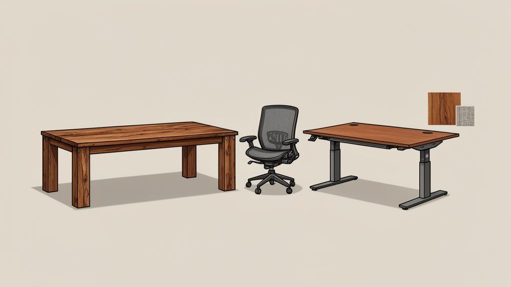 An illustration of office furniture including a rustic wooden table, an ergonomic chair, and a modern standing desk with material samples.
