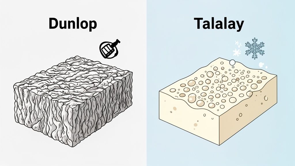 Comparison of Dunlop and Talalay latex foam processes, showing pressing for Dunlop and freezing for Talalay.