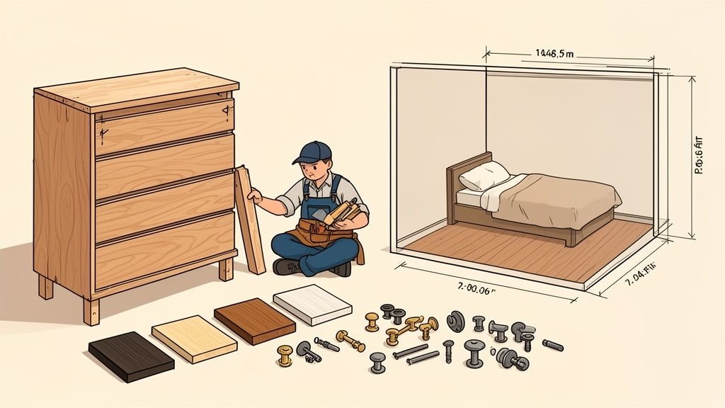 A person assembling a wooden dresser, with wood samples and hardware laid out, next to a bedroom blueprint.
