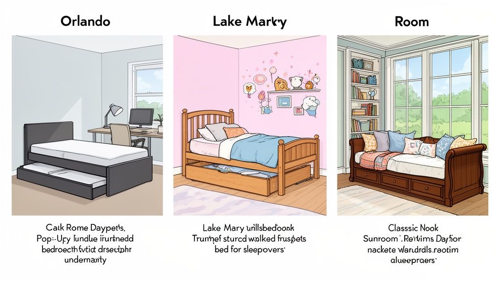 Three illustrated bedrooms showing various daybed and trundle bed styles, perfect for sleepovers and compact living.