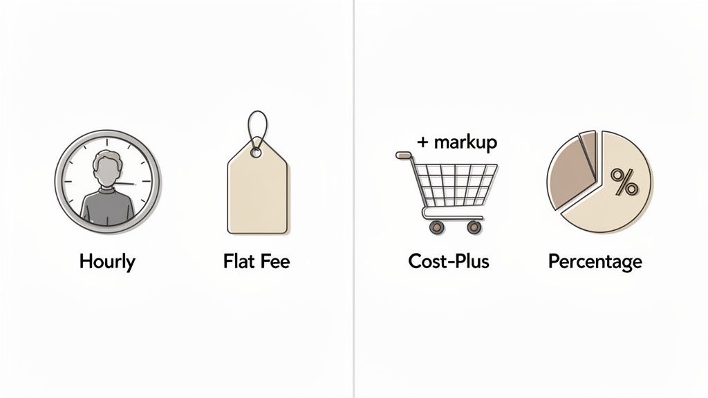 Four common pricing models: Hourly (clock), Flat Fee (price tag), Cost-Plus (shopping cart), and Percentage (pie chart).