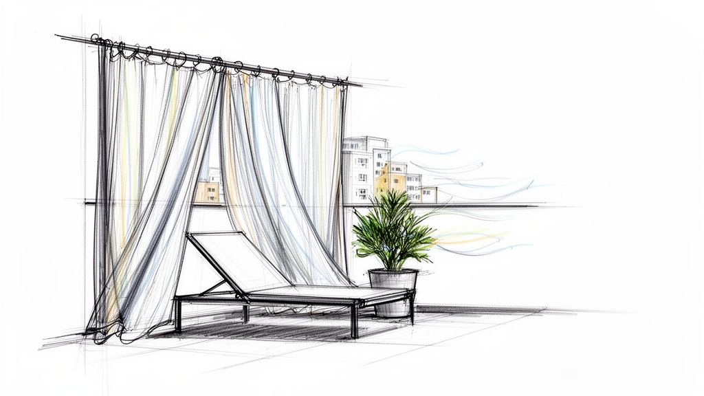 A sketch of a modern apartment patio using tall, slender planters with bamboo to create a natural privacy screen.