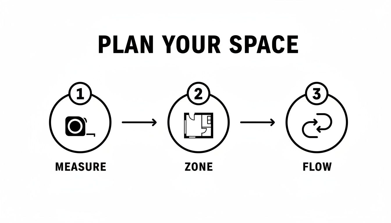 A three-step guide to planning your space: measure, zone, and flow, illustrated with icons.