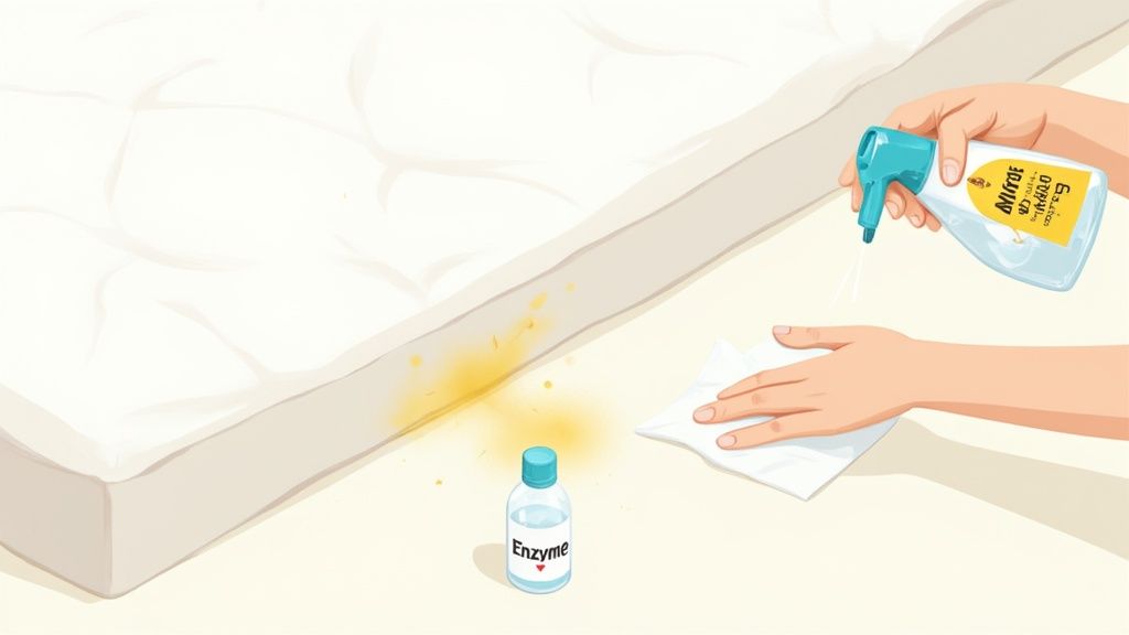 A person cleaning a yellow stain on a white mattress with a spray bottle and a cloth.