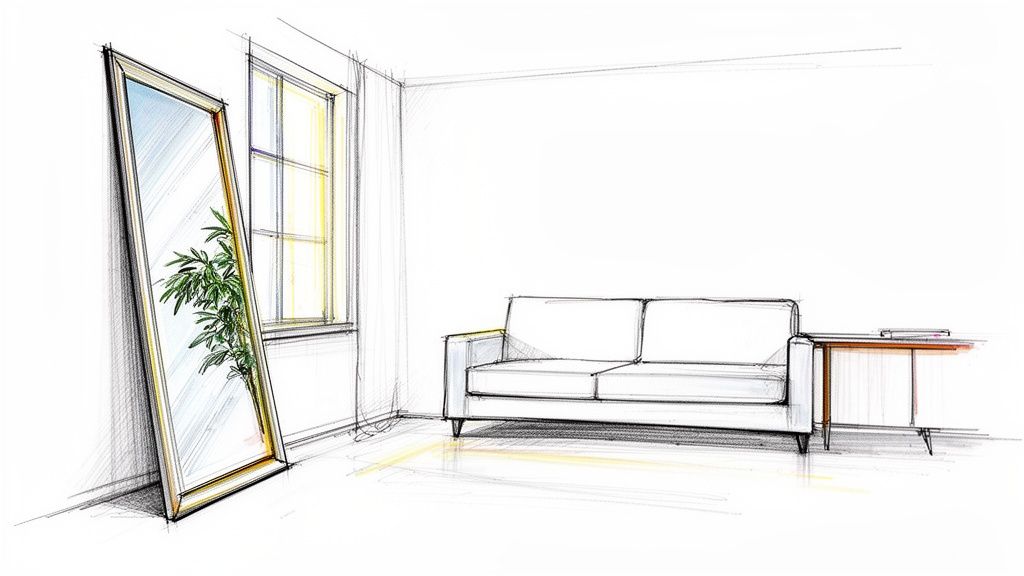 A hand-drawn sketch of a bright living room with a mirror reflecting a plant, a white sofa, and a window.