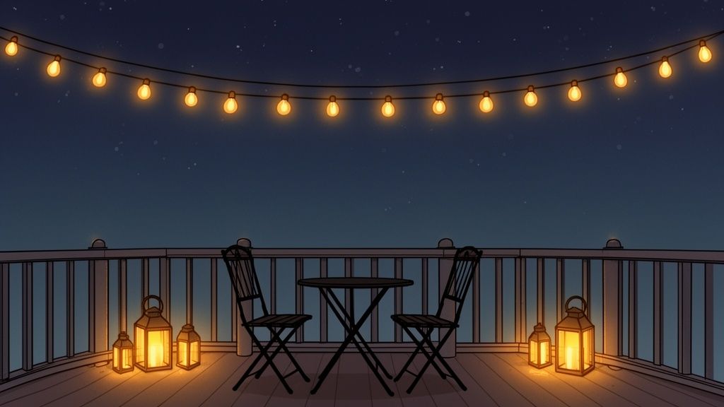 A serene night view of a deck with string lights, a table, chairs, and warm lanterns.