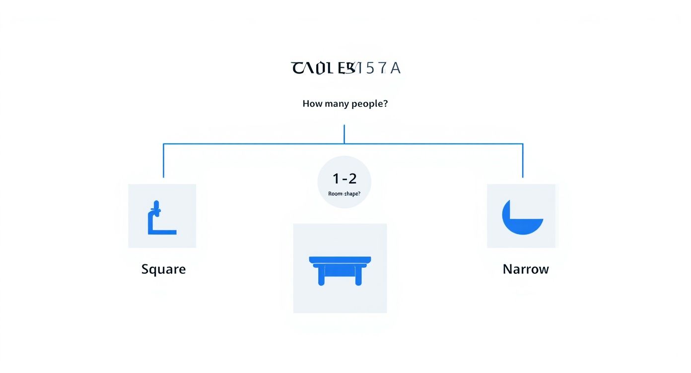 Infographic decision tree to help choose a dining table shape based on number of people and room shape.