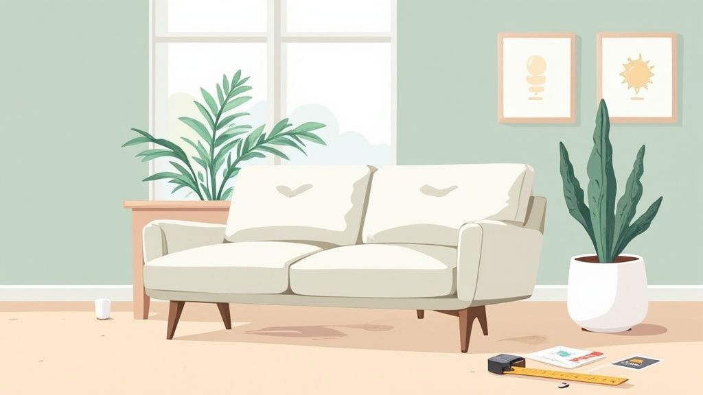 A traditional style sofa in a bright, sunlit Florida living room.