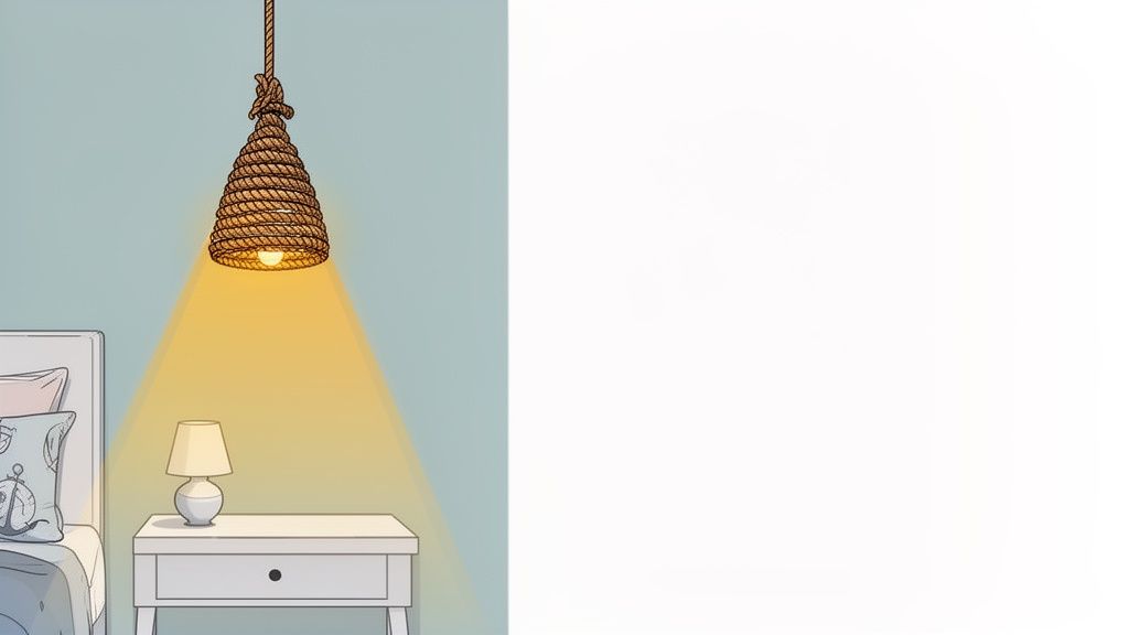 A cozy, nautical-themed bedroom featuring a glowing rope pendant lamp over a white nightstand.