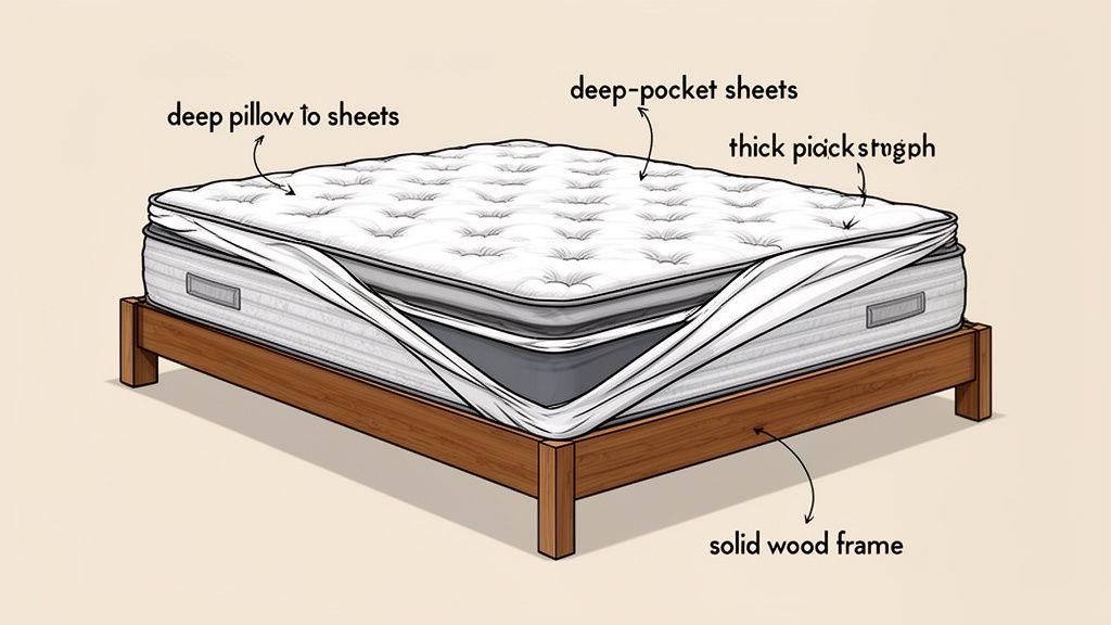 An illustration of a mattress on a solid wood frame, showing deep-pocket sheets and thick padding.