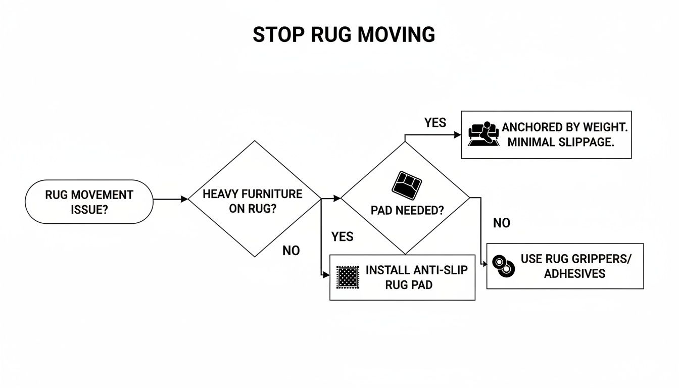 A flowchart explaining how to stop rugs from moving, considering furniture, pads, or grippers.