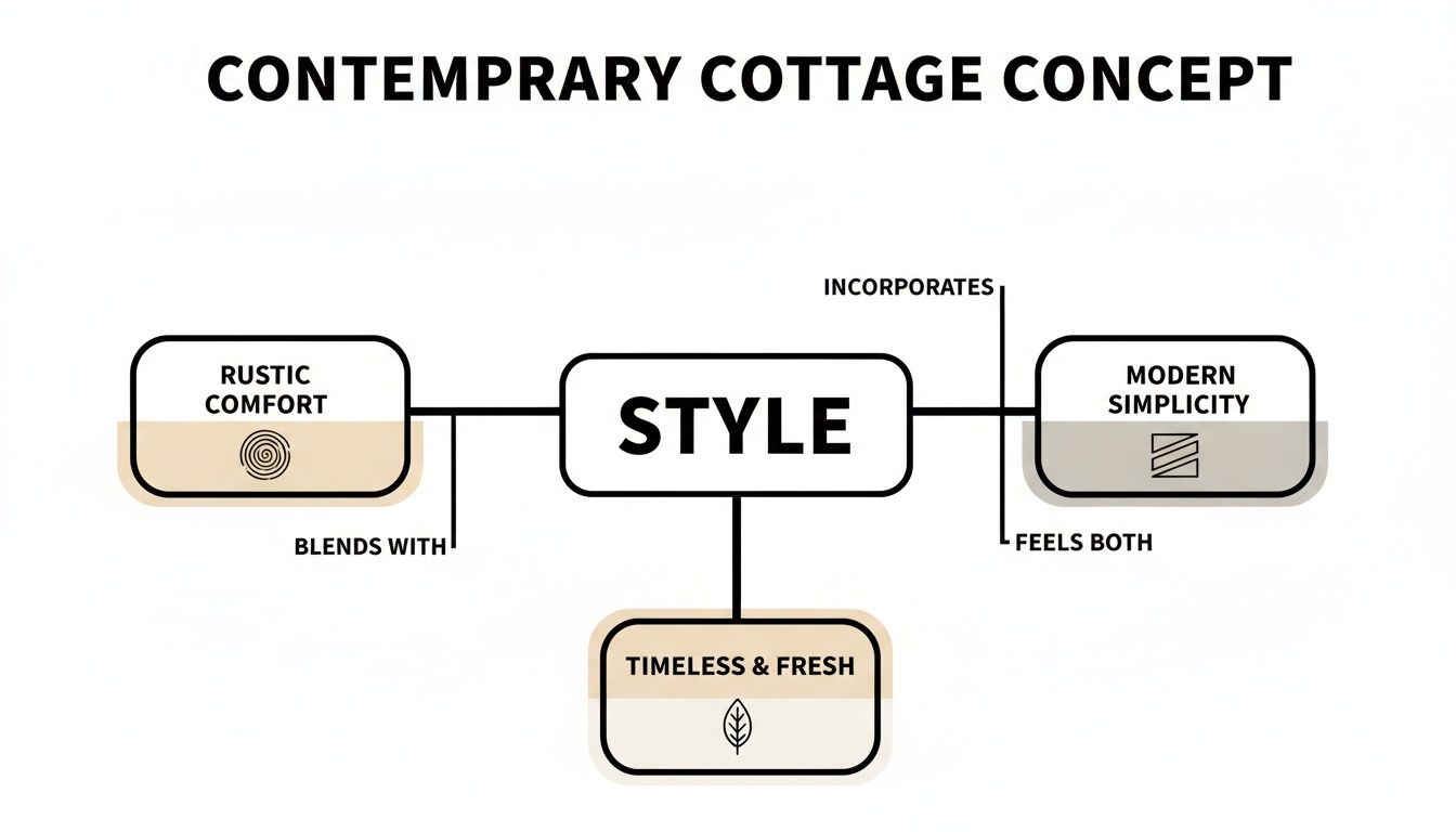 A concept map showing Contemporary Cottage Style, blending rustic comfort, modern simplicity, and timeless freshness.