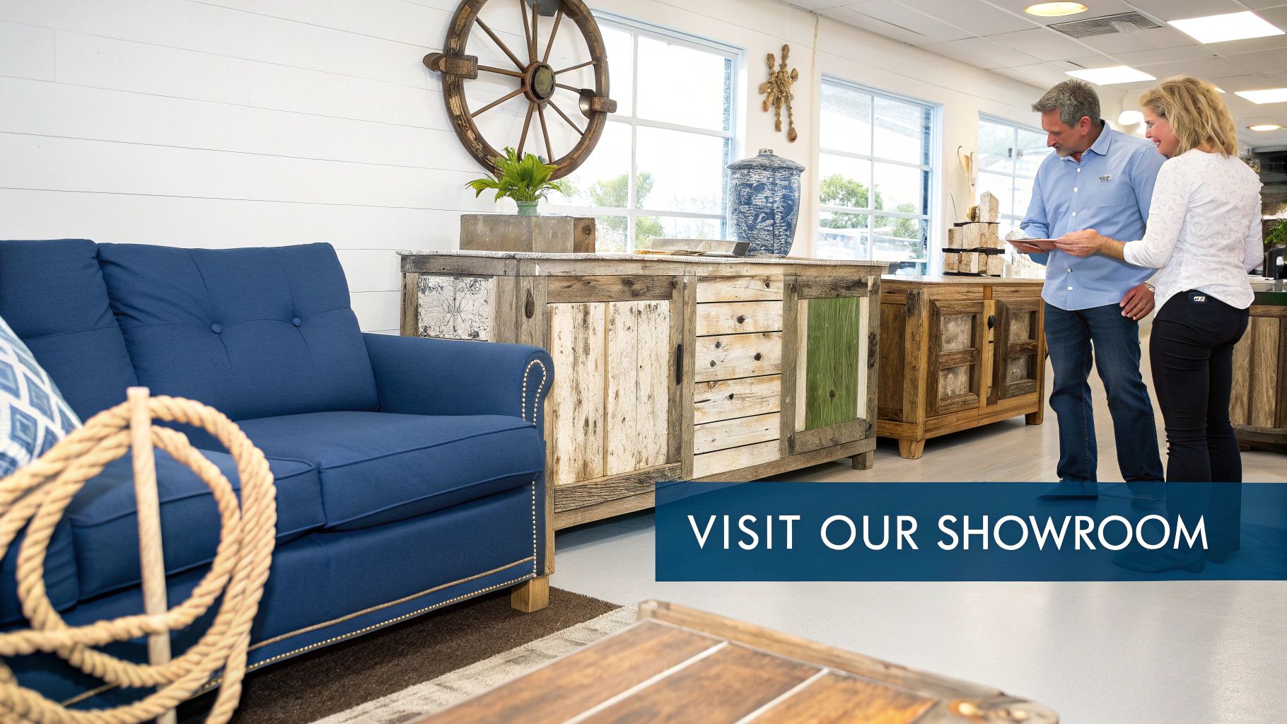 A modern nautical furniture showroom with a blue sofa, rustic cabinets, and two customers.