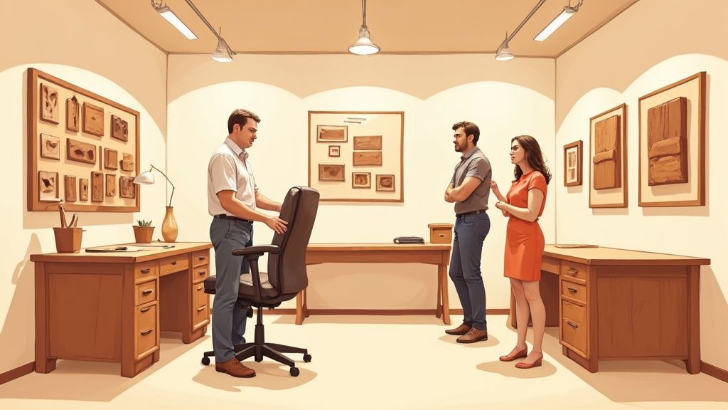 Three people in a modern office space with wooden desks, a swivel chair, and framed art.