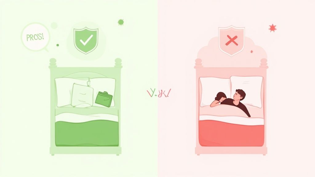 Illustration contrasting solo sleeping (pros) with a clean bed and briefcase, against couple sleeping (cons) with illness risk.