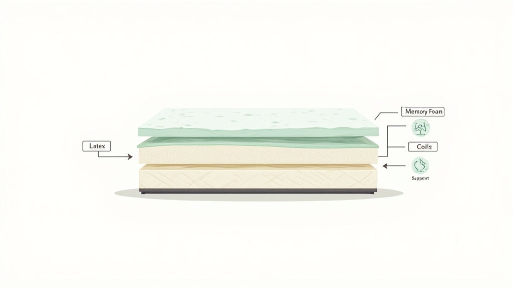 An exploded view diagram illustrating the different layers of a mattress, including memory foam, latex, coils, and a support base.