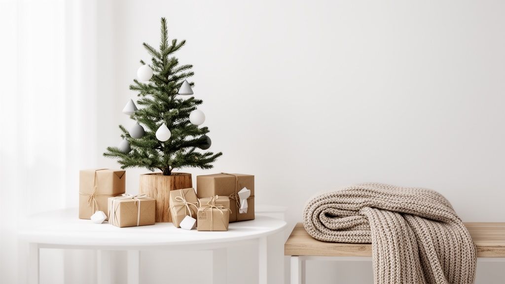 Modern Christmas scene with a decorated tree, wrapped gifts, and a cozy knitted blanket.
