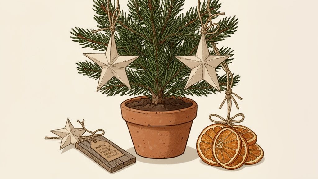 A rustic Christmas scene with a potted fir tree adorned with star ornaments and dried orange slices.