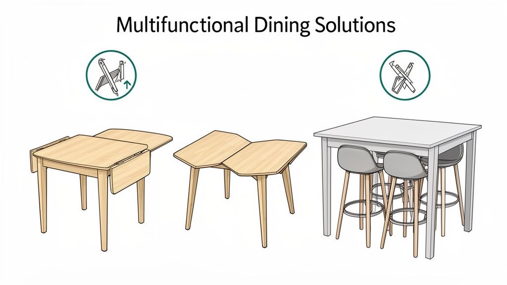 Illustration showing various multifunctional dining tables, including a drop-leaf, modular, and high-top with stools.