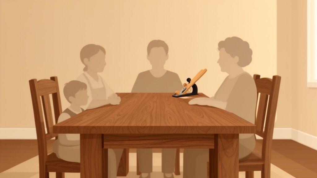 A translucent family gathered around a wooden dining table with a woodworking plane as a centerpiece.