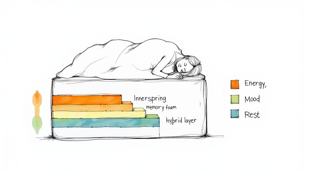 Illustration: Person sleeping on a mattress, showing Innerspring, memory foam, and hybrid layers. Legend: Energy, Mood, Rest.