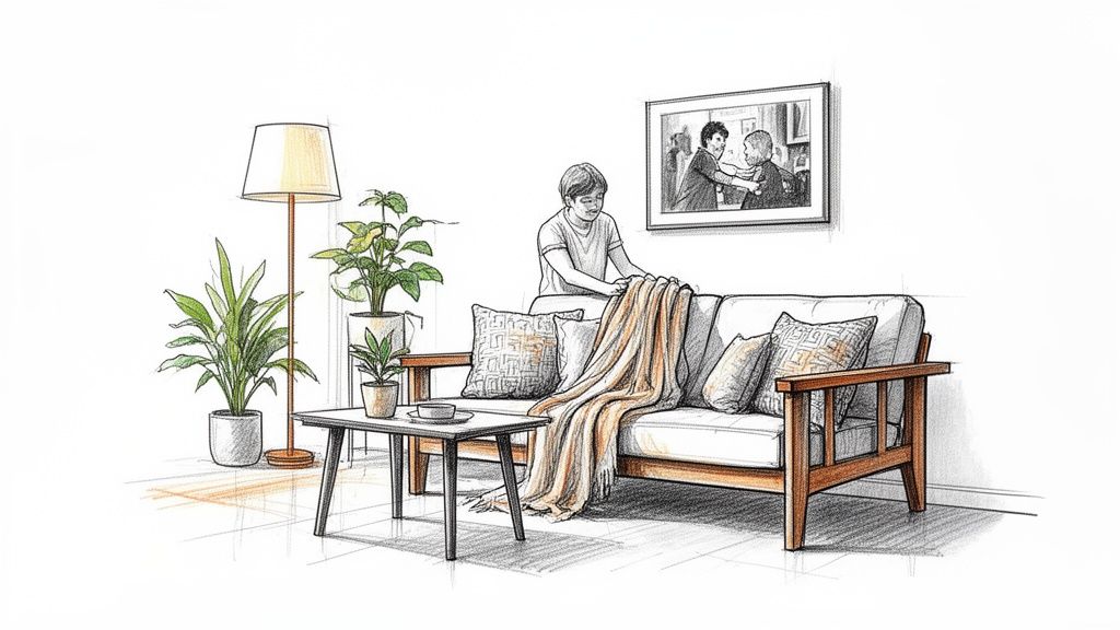A sketch shows a person tidying a blanket on a sofa in a living room with plants and a lamp.
